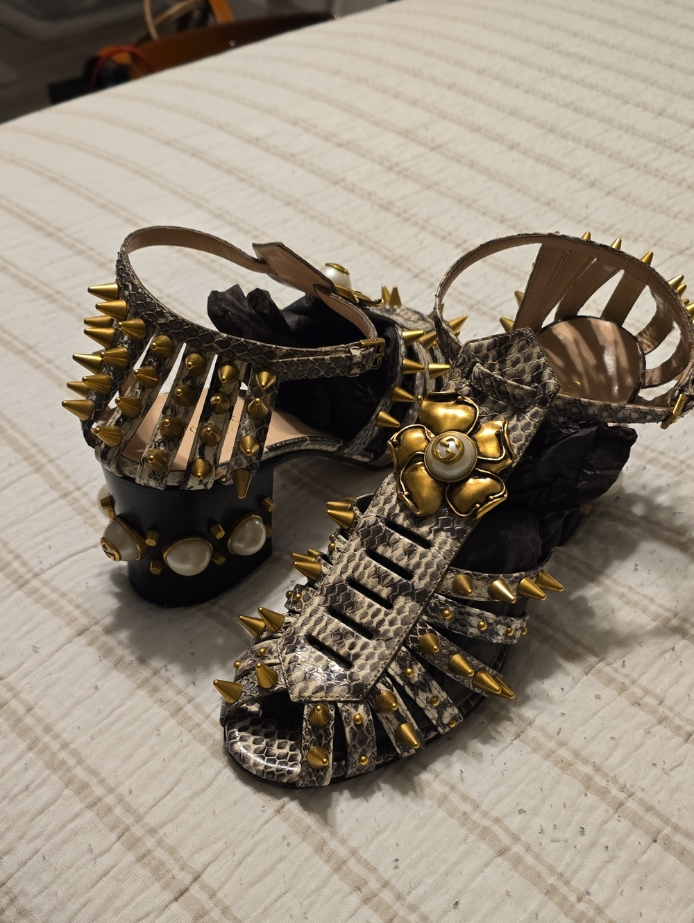Gucci Gold-Accent Snake-Print Studded Heel Sandals